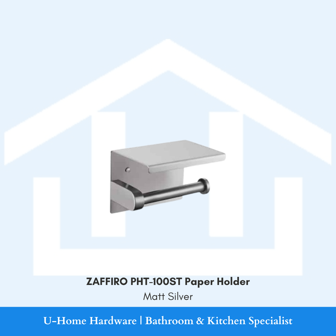 Front angle view of the wall-mounted ZAFFIRO PHT-100ST toilet paper holder in a low-glare matt silver finish, displaying the integrated flat phone shelf and lower roll arm.