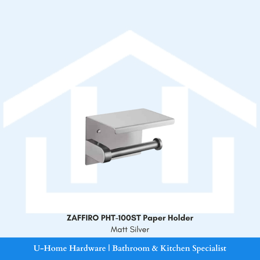 Front angle view of the wall-mounted ZAFFIRO PHT-100ST toilet paper holder in a low-glare matt silver finish, displaying the integrated flat phone shelf and lower roll arm.