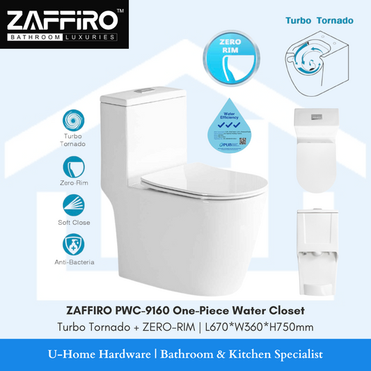 Zaffiro one-piece water closet

PWC-9160 one piece toilet bowl
urea soft closing seat cover
fully covered back
turbo tornado + zero rim
