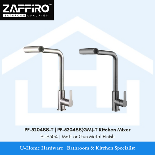 Zaffiro PF-5204SS-T Kitchen Mixer: Modern SUS304 stainless steel pull-out faucet for Singapore HDB and condo kitchens. Available in sleek matt or trendy gun metal finish. High-quality, space-saving design perfect for compact Singapore homes. U-Home Hardware's premium kitchen solution for easy cleaning and stylish functionality.