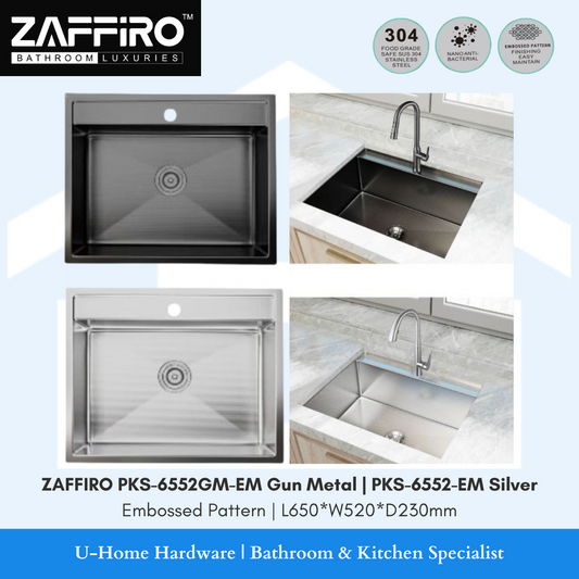 ZAFFIRO PKS-6552GM-EM Gun Metal | PKS-6552-EM Silver Embossed Kitchen Sink (Nano Anti Bacterial) 304 Grade Stainless Steel

ZAFFIRO Premium Double Bowl Kitchen Sink PKS-6552GM-EM | Luxury 304 Grade Stainless Steel with Advanced Nano Anti-Bacterial Technology | Modern Gun Metal and Silver Embossed Finishes for BTO/HDB/Condo/Landed Property | Perfect for BTO Kitchen Renovation and First-Time Homeowners | Versatile Top Mount, Undermount, Flush Mount Installation Options | High-End Singapore Kitchen Renovatio

