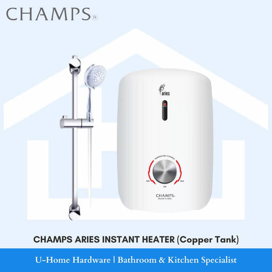 Instant water heater with copper tank, temperature control knob on the front. handshower set aries