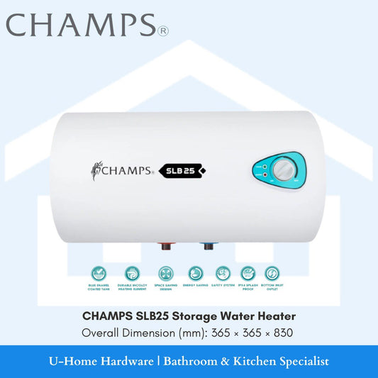 Durable Space saving heater CHAMPS SLB25 storage water heater with a blue control panel blue diamond tank, singapore water heater perfect for BTOs and HDBs