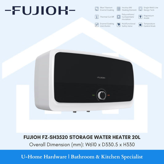 FUJIOH storage water heater, predominantly white in color with a black front panel, featuring a control knob and branding.