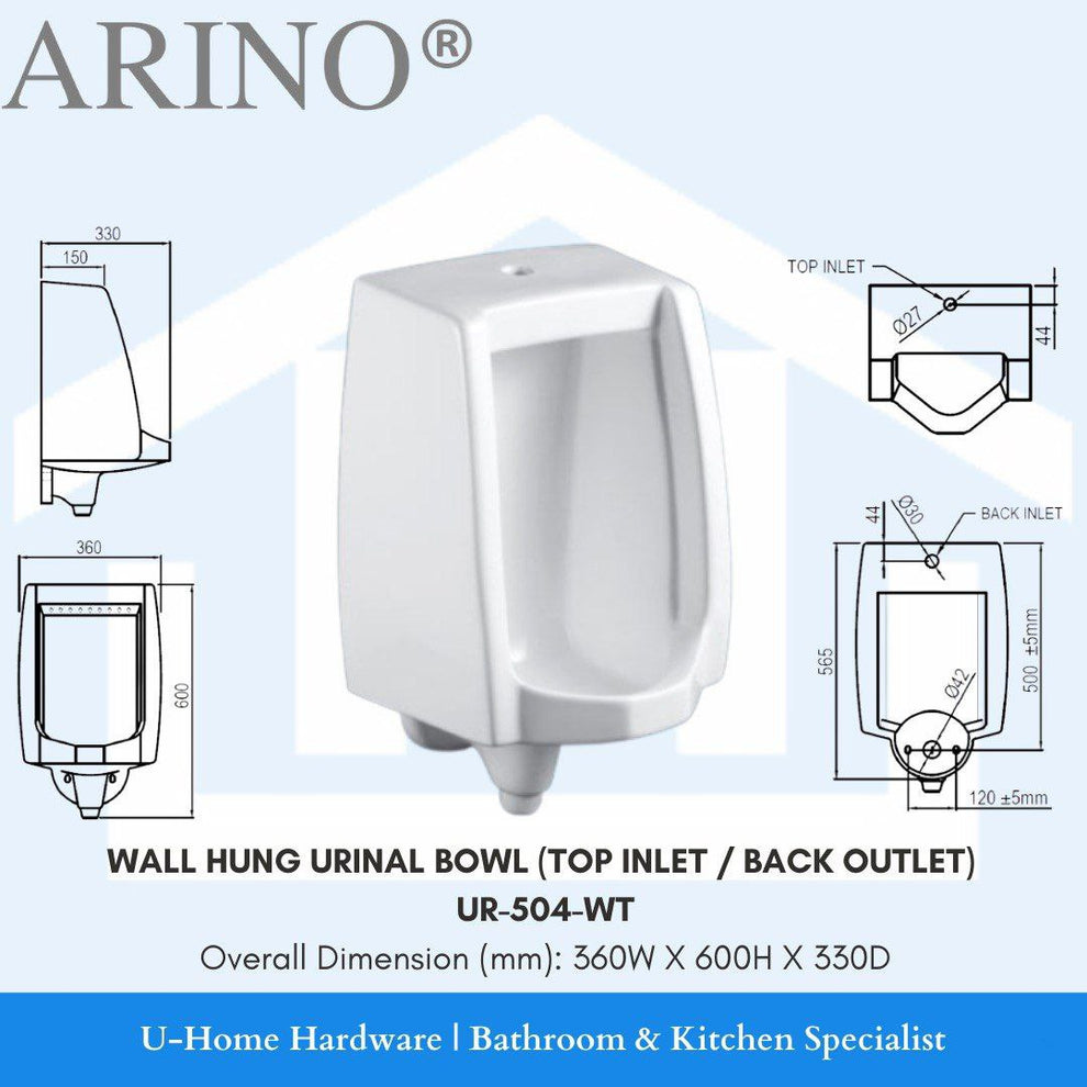 Bottom Inlet Urinal ARINO Wall Hung Urinal Bowl (Top Inlet/Back Outlet) UR-504-WT β U-Home ...