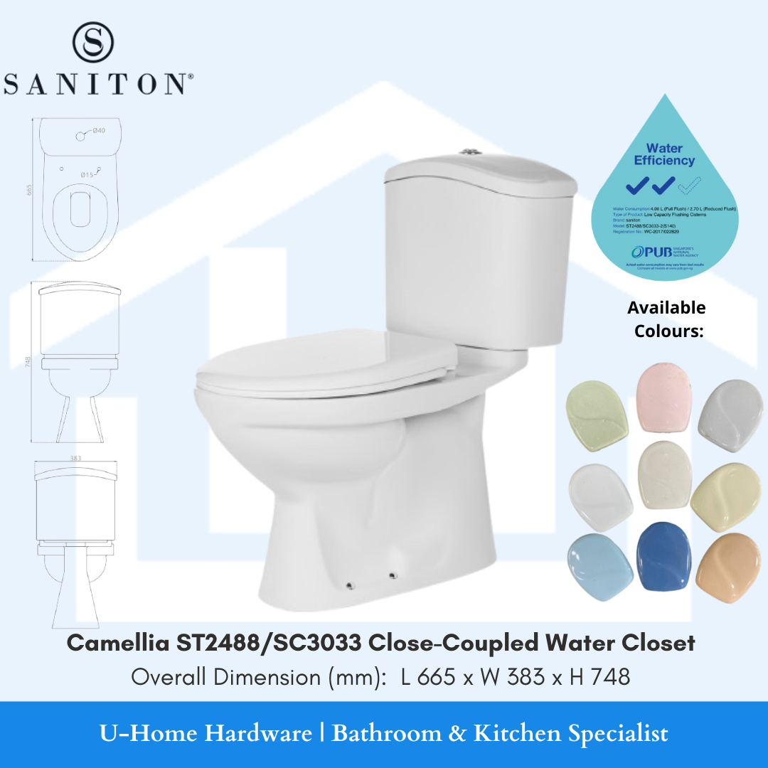 A white SANITON close coupled water closet toilet with its lid up, showing available color options for the interior. The image also displays a water efficiency rating badge and a symbol indicating the availability of a PUF system. 9 different colours available for this toilet bowl.