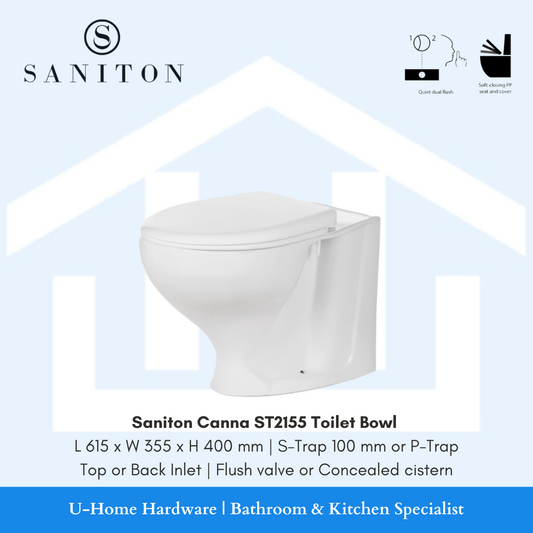 A white ceramic Saniton Canna ST2155 toilet bowl with a minimalist design, featuring a concealed flush mechanism, top or back inlet, and a polypropylene soft close seat and cover.