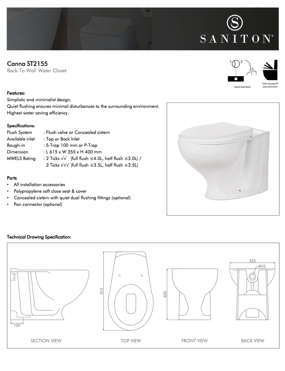 Saniton Canna ST2155 Back to Wall Water Closet (Top/Back Inlet) specs dimensions