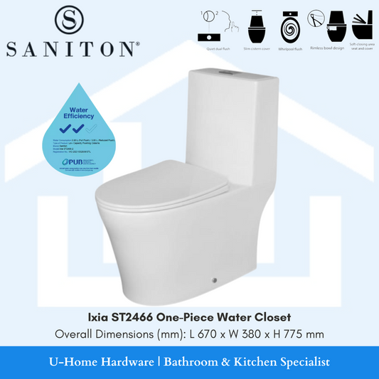 A white one-piece water closet toilet from Saniton, featuring a sculpted design and a closed lid. Equipped with quiet dual flush, slim cistern cover, whirlpool flush, rimless bowl design and soft closing urea seat cover