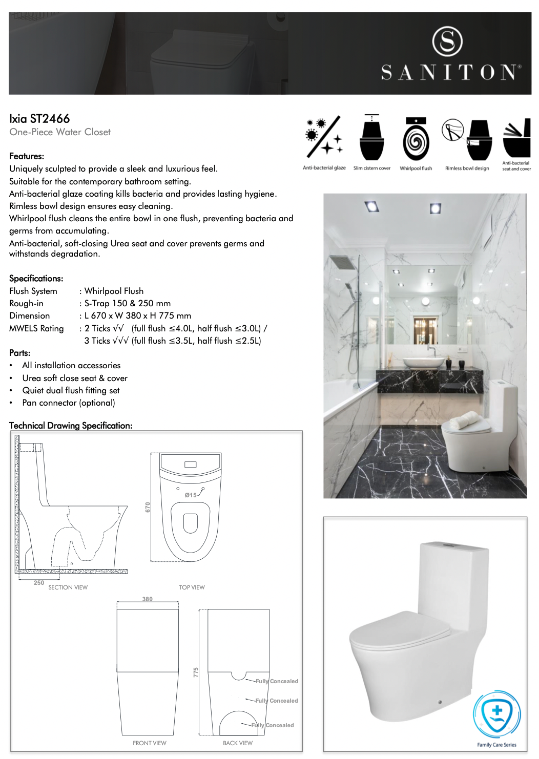 Saniton Ixia ST2466 One-Piece Water Closet specifications dimensions