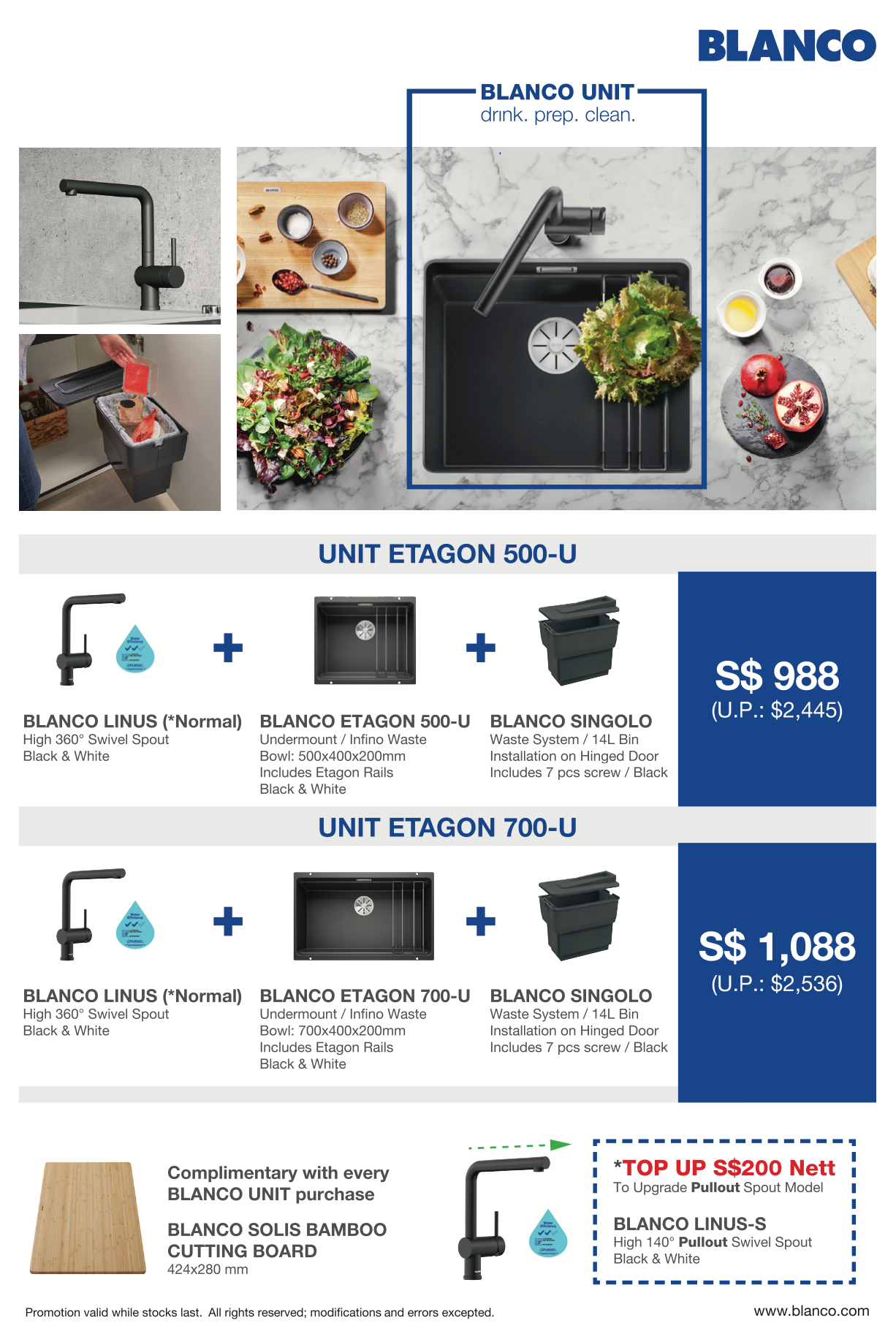 BLANCO UNIT ETAGON 500-U Kitchen Sink + Matt Black Linus Sink Tap [Promotion Package with FOC Singolo Waste Bin]