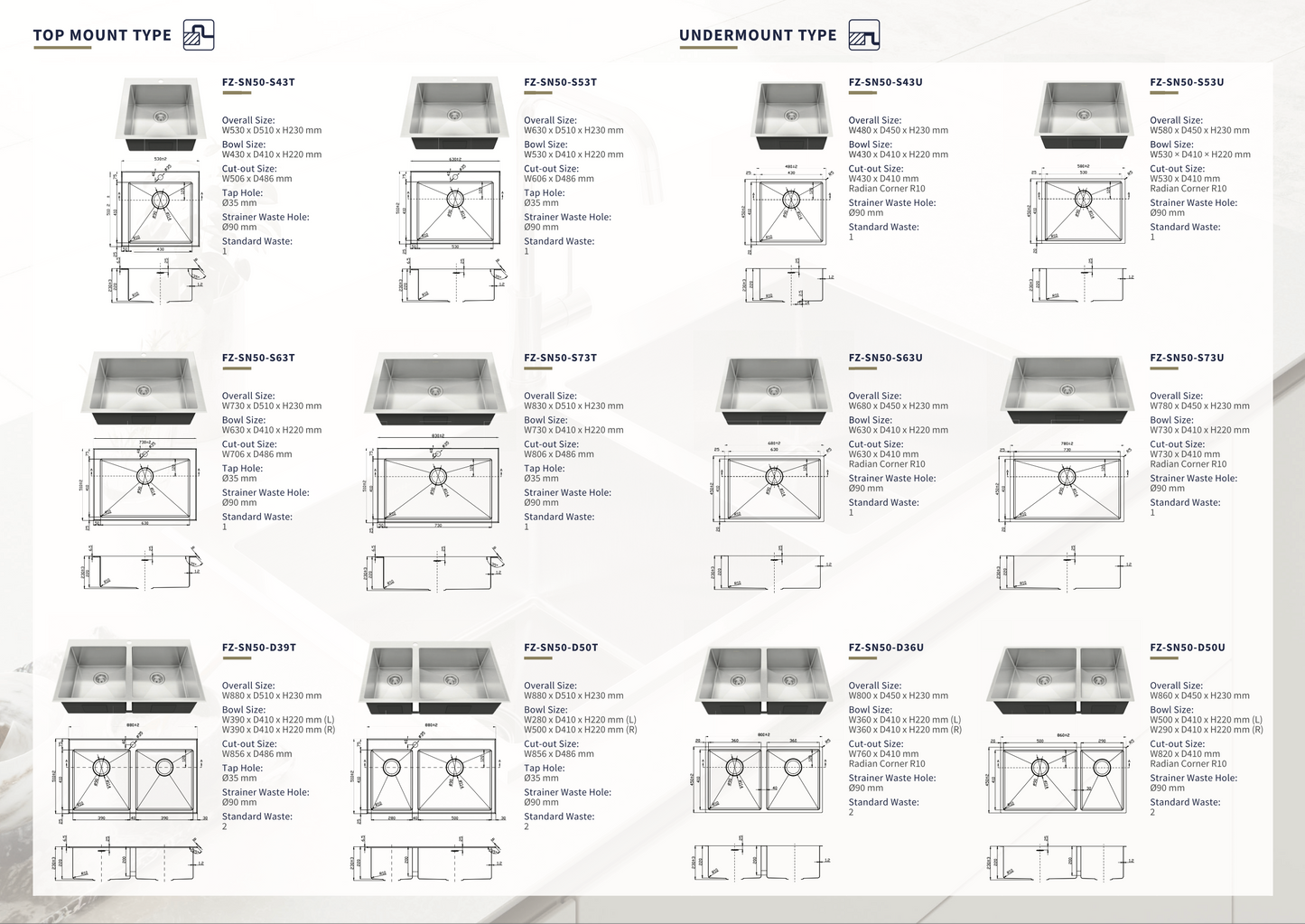 FUJIOH Under-Mount Kitchen Sink FZ-SN50-S73U (780mm)