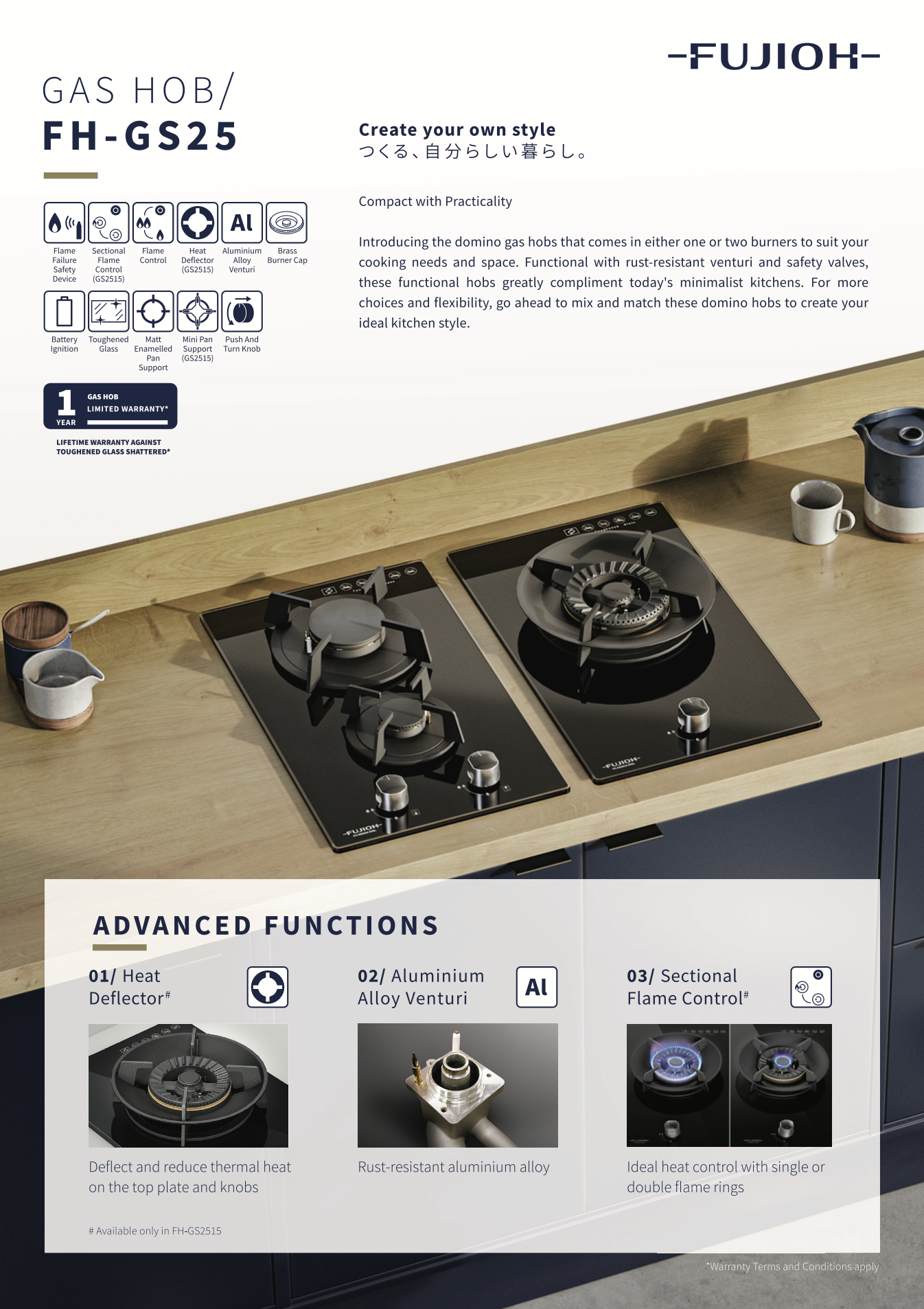 FUJIOH FH-GS2525 SVGL DOMINO GAS HOB WITH 2 BURNERS [PUB/LPG Gas]