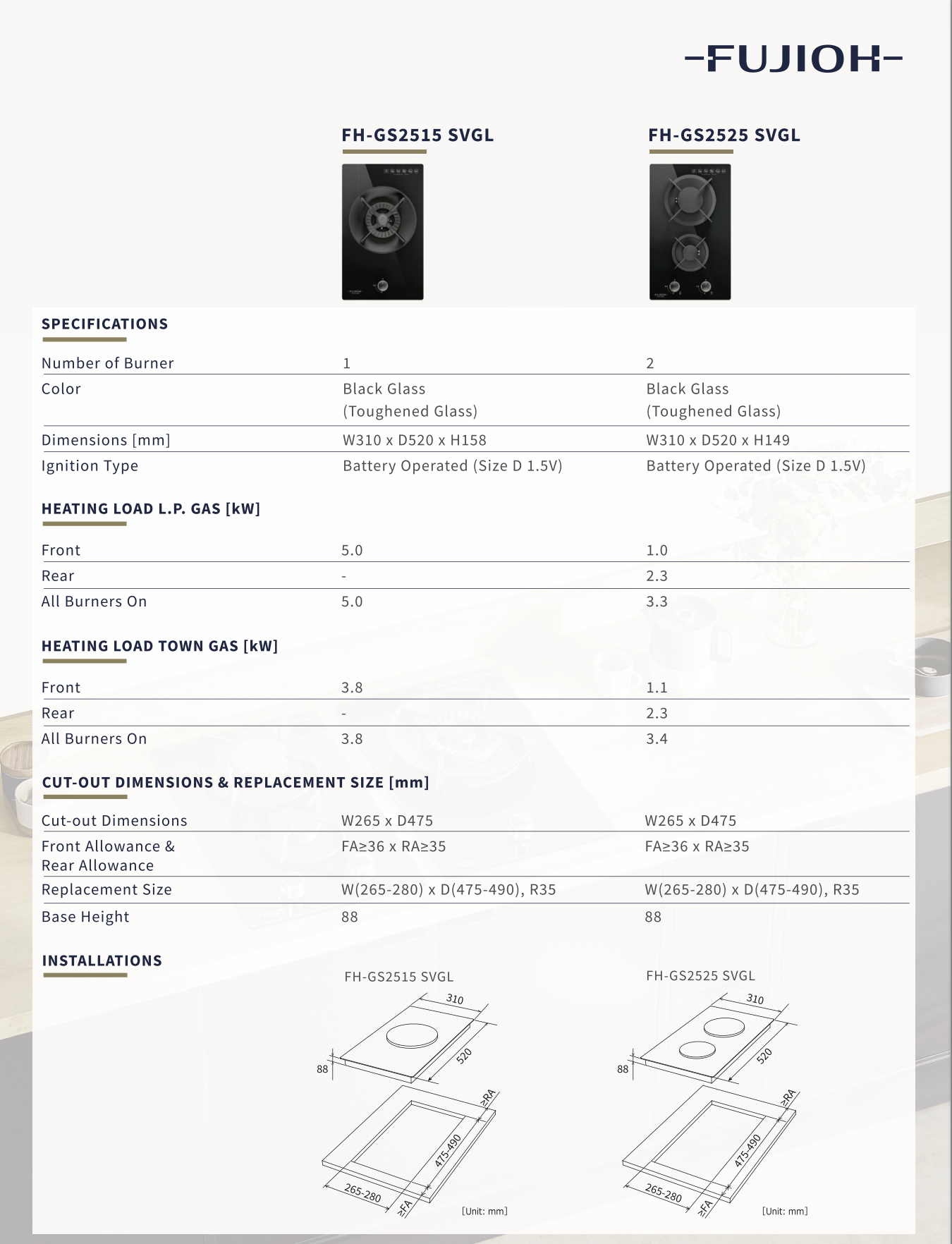 FUJIOH FH-GS2525 SVGL DOMINO GAS HOB WITH 2 BURNERS [PUB/LPG Gas]