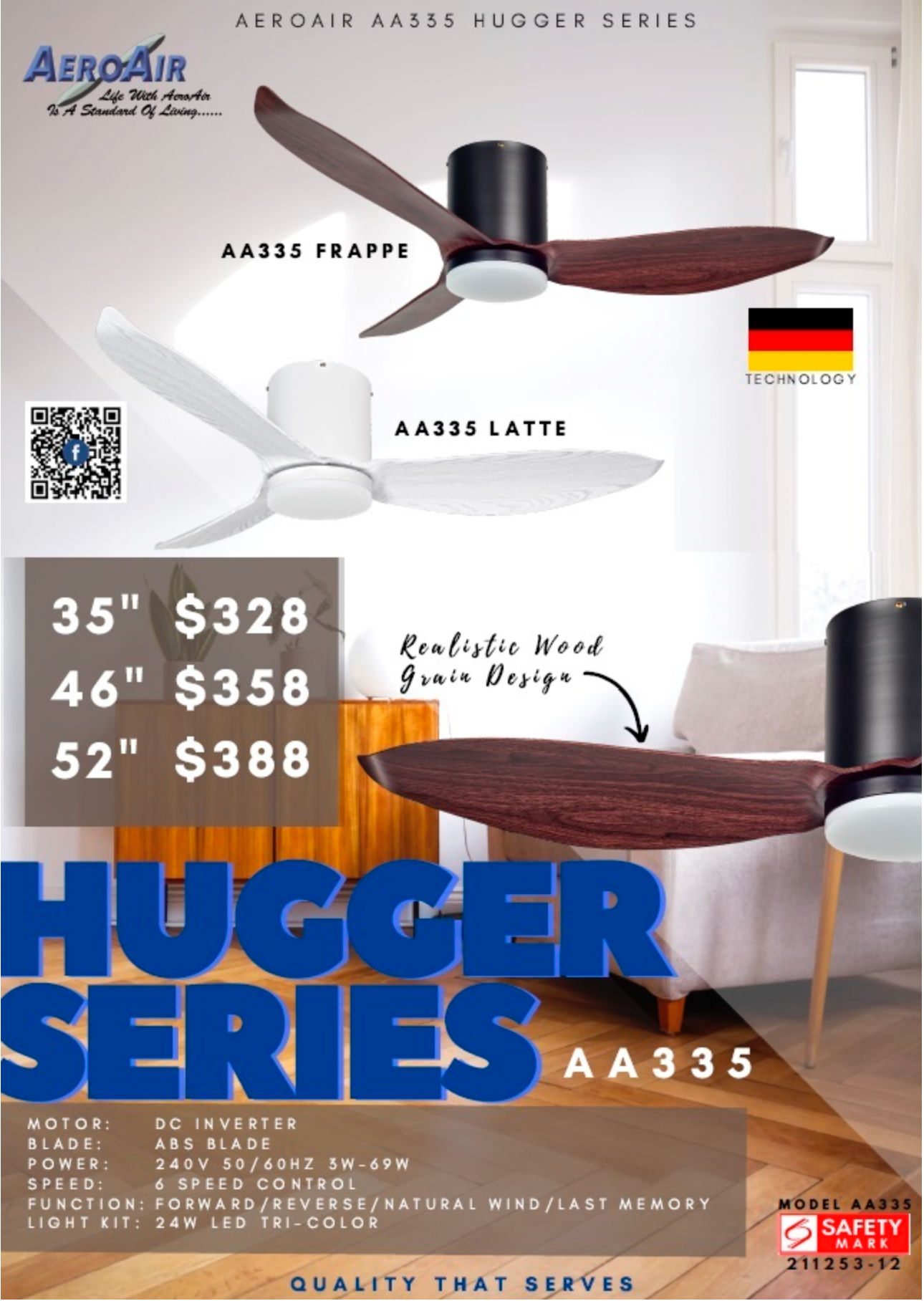 AEROAIR AA335 Hugger Series Ceiling Fan (35"/46"/52")