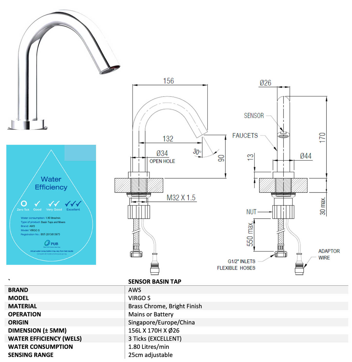 AWS VIRGO S Sensor Basin Tap (Brass Chrome)