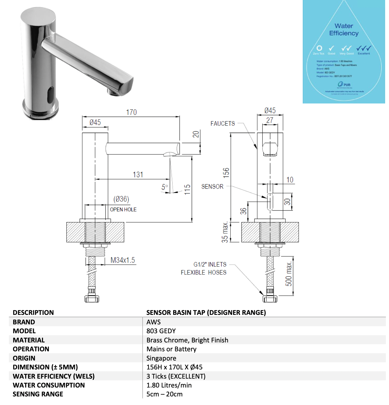 AWS 803 GEDY SENSOR BASIN TAP (DESIGNER RANGE)