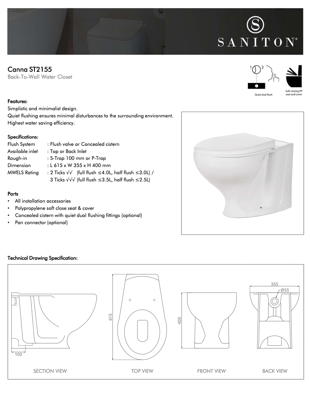 Saniton Canna ST2155 Back to Wall Water Closet (Top/Back Inlet)