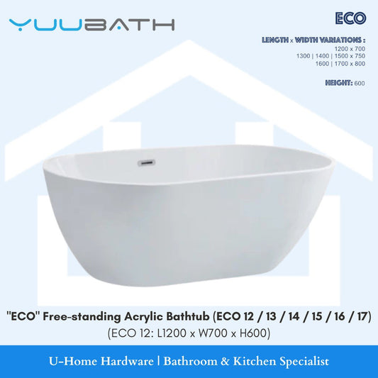 A free-standing acrylic bathtub with a silver drain plug, set against a white background. YUUBATH ECO freestanding acrylic bathtub Singapore, space-saving rectangular soaking tub with integrated overflow and heat-retention technology