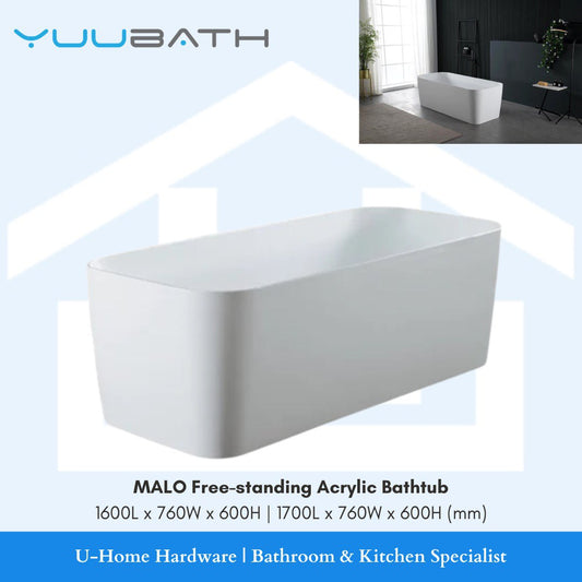 A white, free-standing, acrylic YUUBATH MALO bathtub